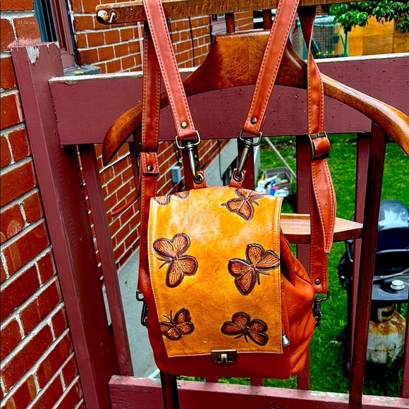 Orange Leather Backpack with Butterfly Design - Picture 1 of 16
